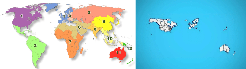 A gauche la carte du monde représentant la communauté mondiale , a droite la carte de la communauté mondiale imaginée par les Etats Unis. 