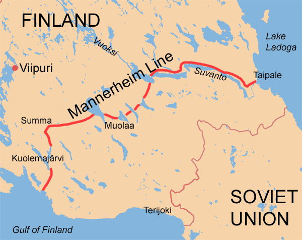 Map of the Mannerheim Line, the Finnish main defense line across the Karelian Isthmus
