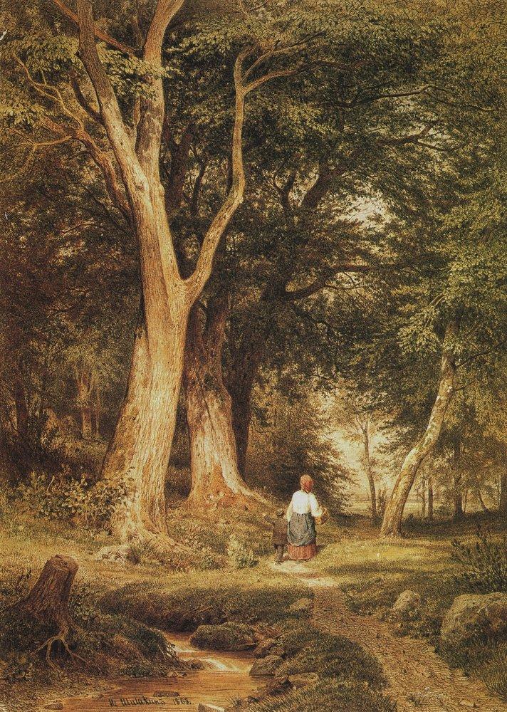 A woman with a boy in the forest- by Ivan Shishkin -1868
