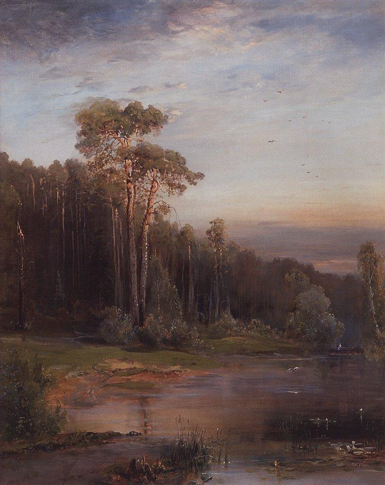 Summer landscape with pine trees near the river by Alexei Kondratyevich Savrasov