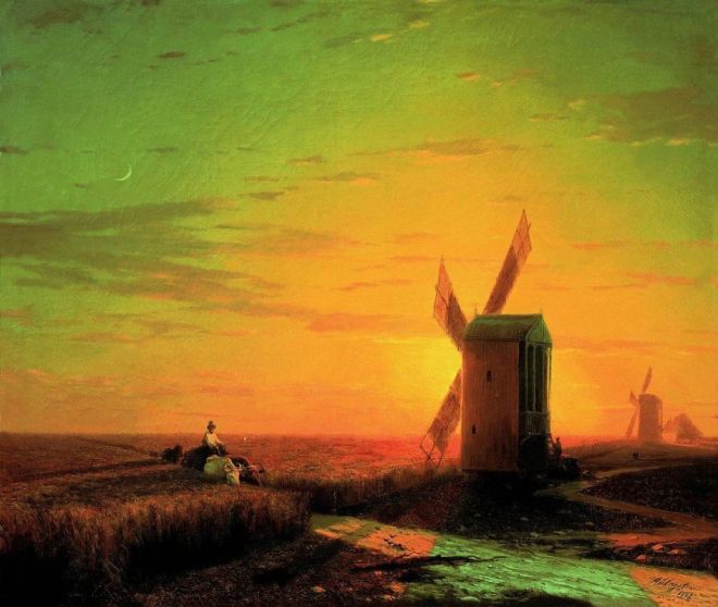 Ветряные мельницы в степи при закате солнца – 1862