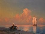 An ox cart on the shore and a swimmer in shallow water - Aivazovsky