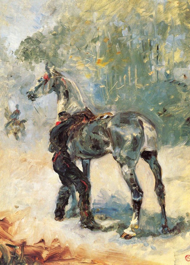 Henri de Toulouse-Lautrec -Artilleryman Saddling His Horse - 1879