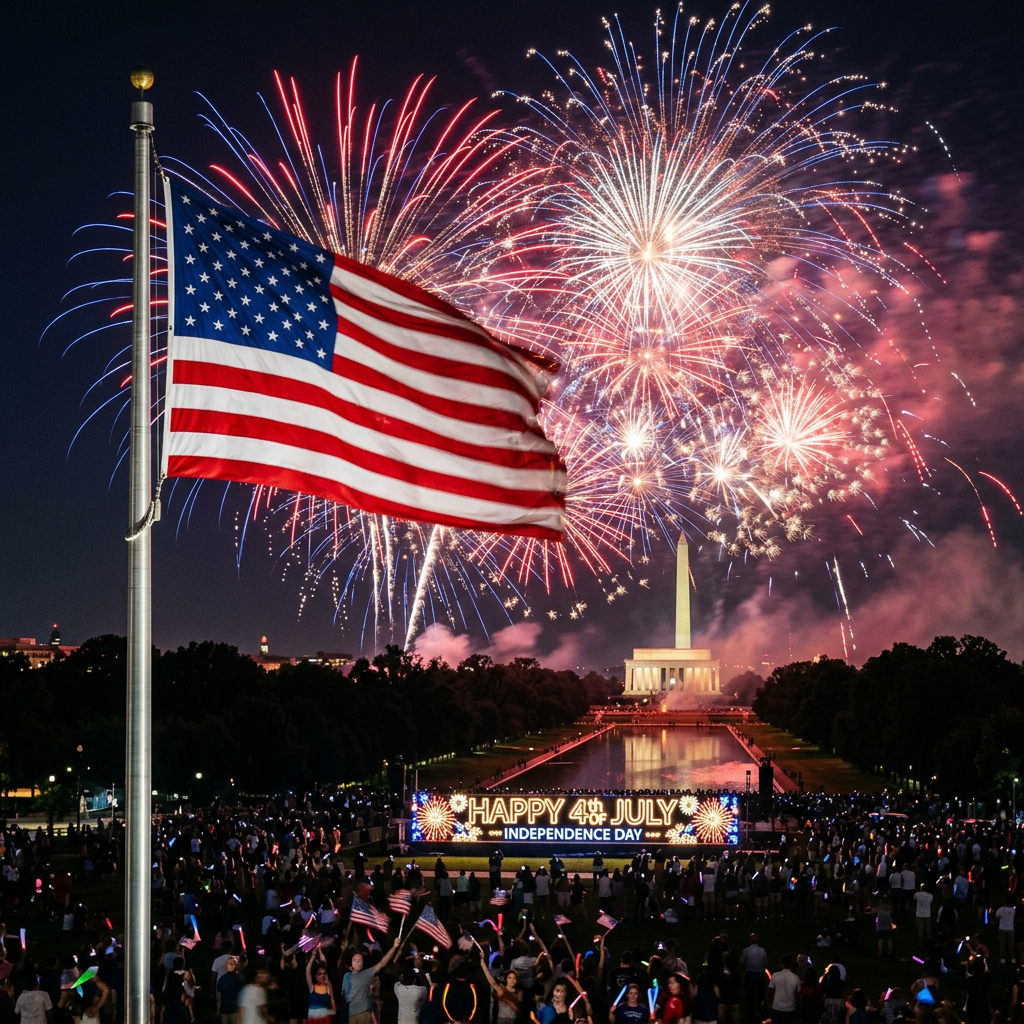 American flag with fireworks over Washington Monument and reflective pool