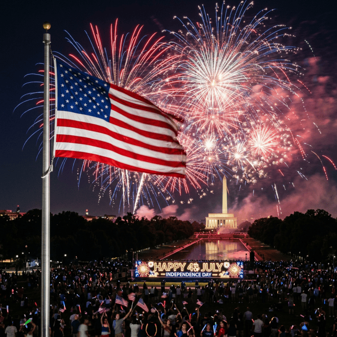American flag with fireworks over Washington Monument and reflective pool