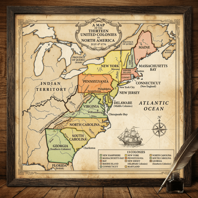 Map of the thirteen United States colonies in North America dated July 4, 1776 with colonial boundaries