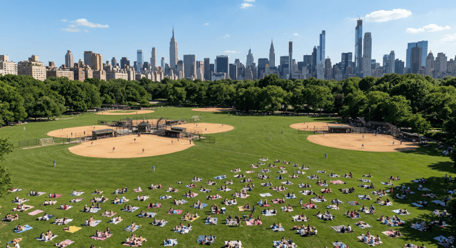 Multiple baseball fields in Central Park with people picnicking on the grass and New York City skyscrapers beyond