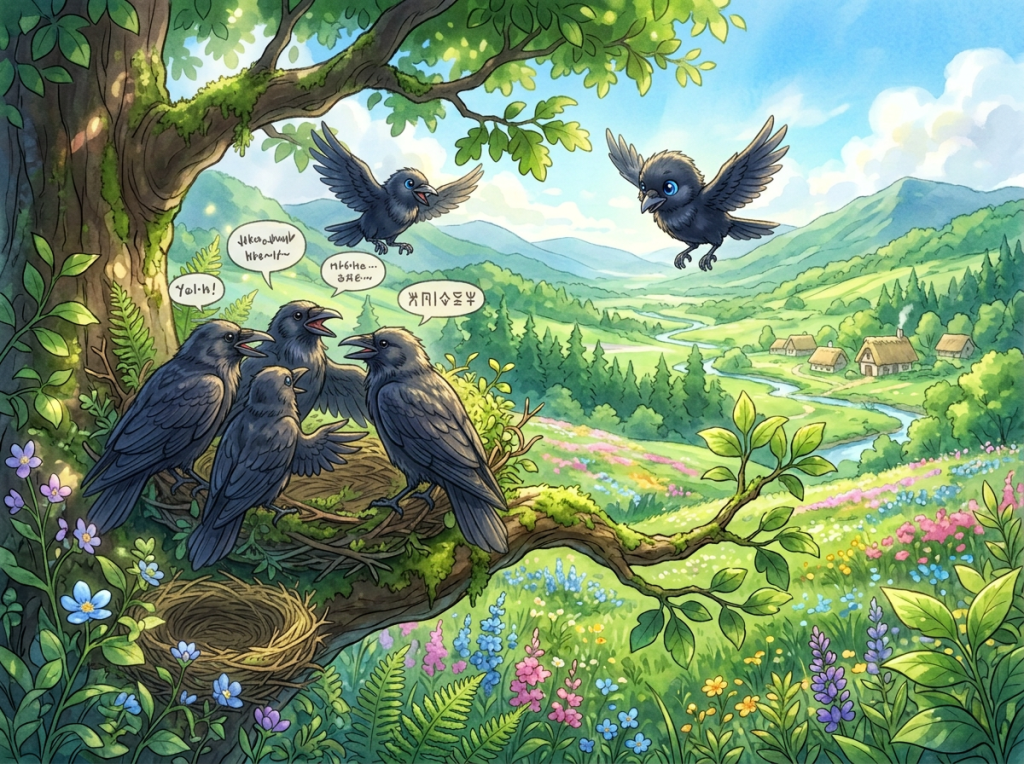 A whimsical illustration of a tree with five black birds gathered around a nest, while one bird flies above in a scenic landscape featuring a river, mountains, and colorful flowers.