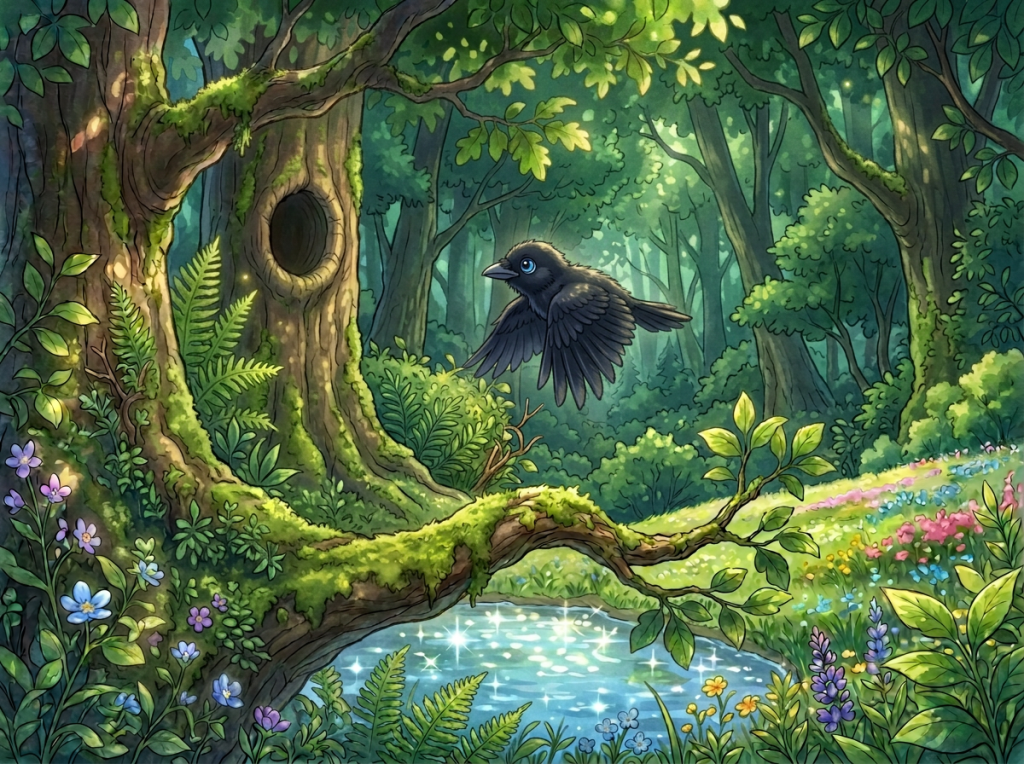 A serene forest scene featuring a tree with a hollow, a black bird in flight, and a sparkling pond surrounded by lush greenery and colorful flowers.