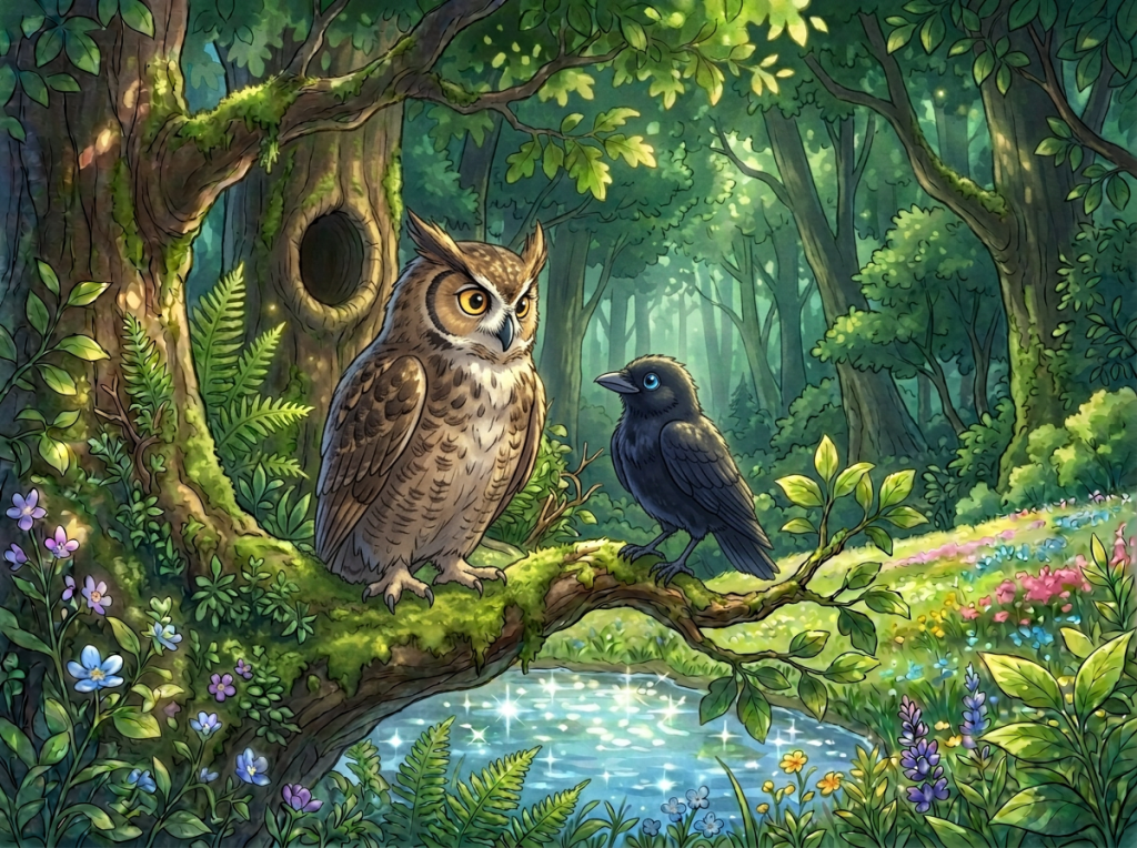 A beautifully illustrated scene of an owl and a black bird perched on a tree branch in a lush, green forest. The background features a sparkling pond surrounded by vibrant flowers and foliage, creating a serene and enchanting atmosphere.