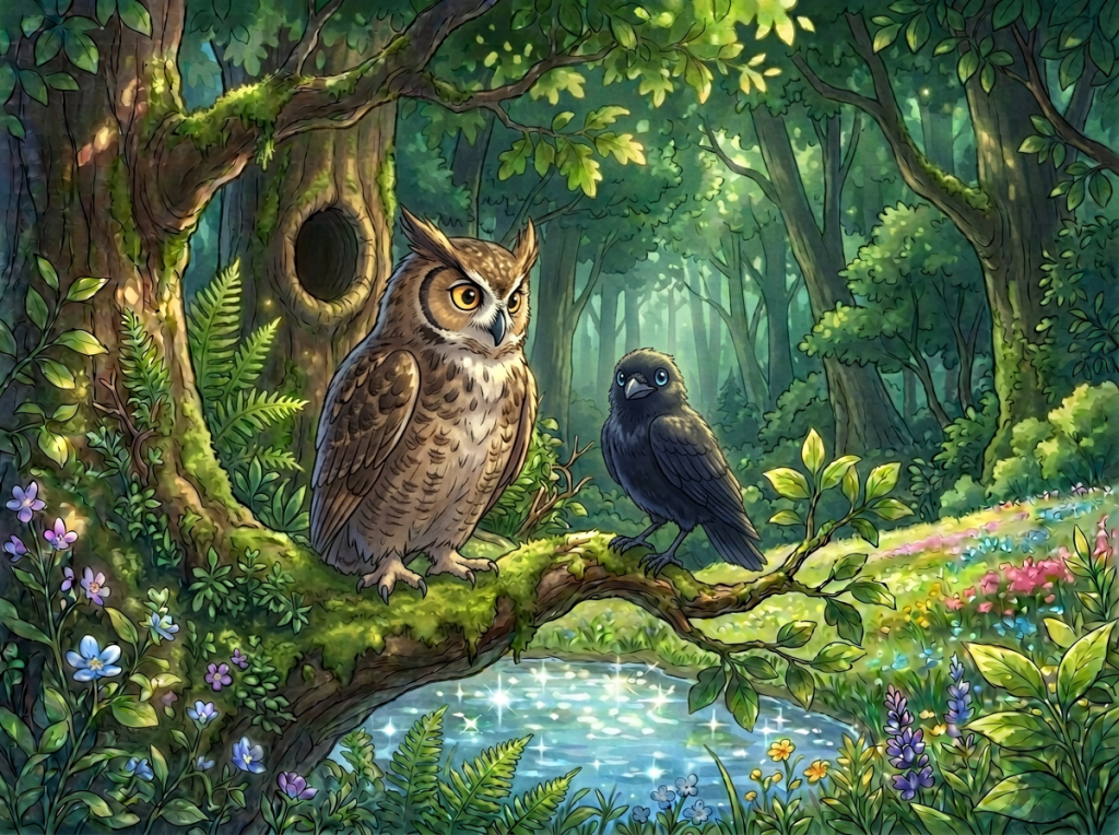 An owl and a small bird perched on a branch in a vibrant forest setting, surrounded by lush greenery, colorful flowers, and a sparkling pond in the background.