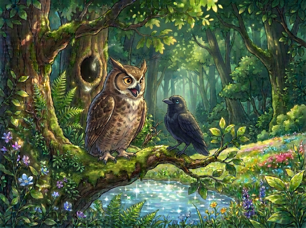 A whimsical scene depicting an owl and a blackbird perched on a mossy branch in a vibrant forest. The background features lush green trees, colorful flowers, and a sparkling pond.