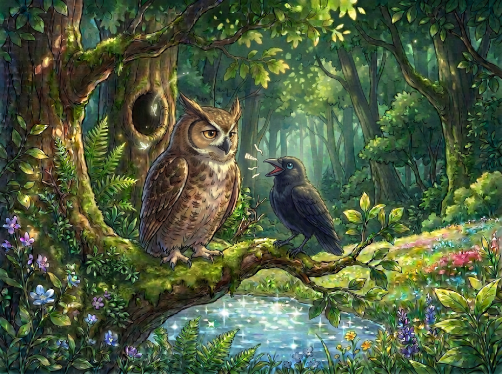 A wise owl perched on a branch in a lush forest, listening to a small black bird that is singing nearby, surrounded by vibrant flowers and greenery, with a sparkling pond in the background.