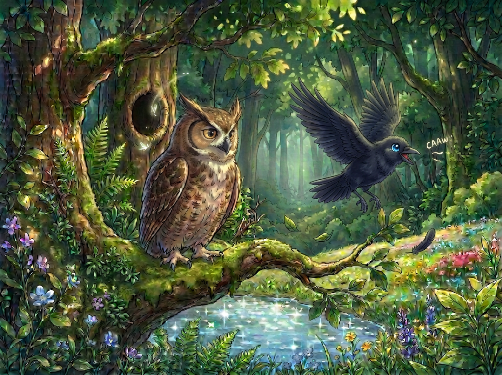 A majestic owl perched on a mossy branch in a lush forest. A black bird is seen flying nearby, calling loudly. The background features vibrant greenery, flowers, and a serene pond, creating an enchanting woodland scene.