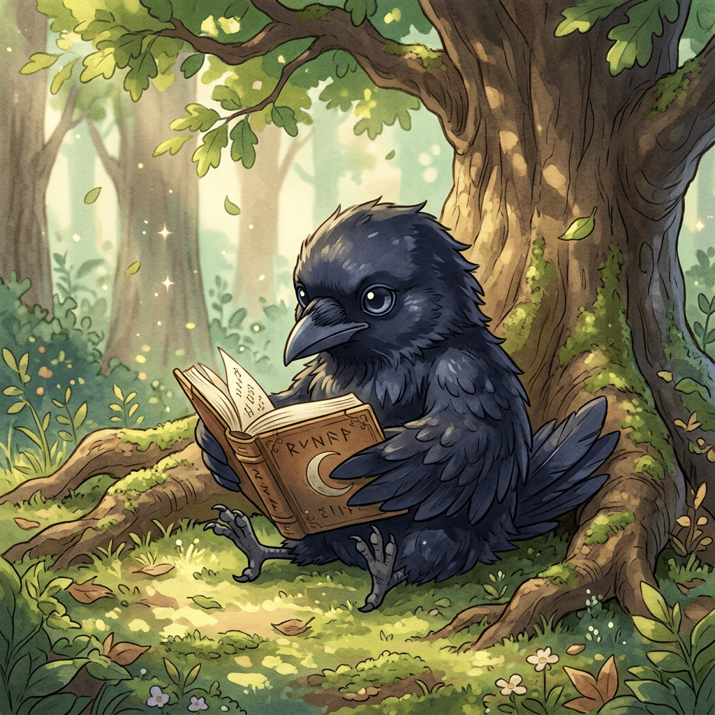 Crow reading an open book beneath a tree in a forest