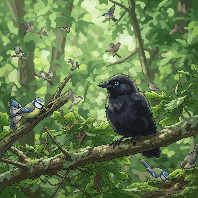 Black bird perched on branch among colorful woodland birds