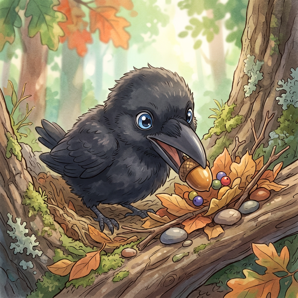 Cartoon crow holding an acorn beside colorful berries in an autumn forest