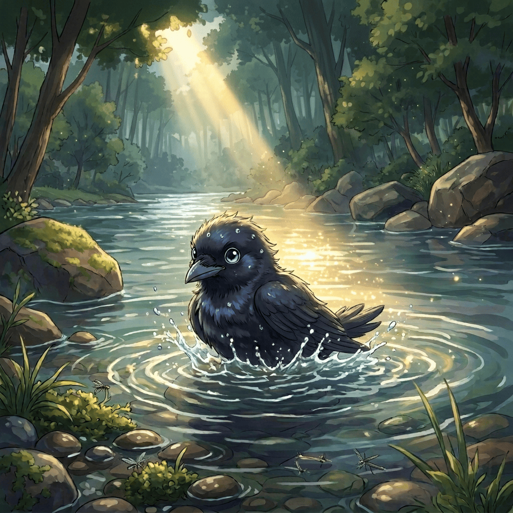 Black bird splashing in a sunlit forest stream