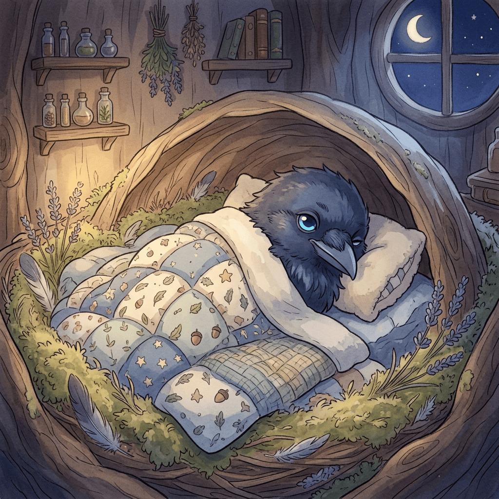 Sleepy raven curled beneath a patterned quilt in a cozy tree nest
