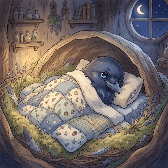 Sleepy raven curled beneath a patterned quilt in a cozy tree nest