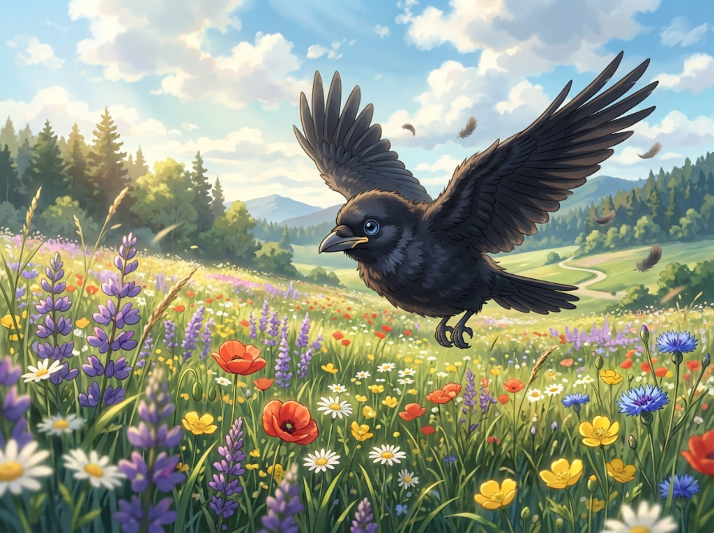 Black raven flying over a colorful wildflower meadow