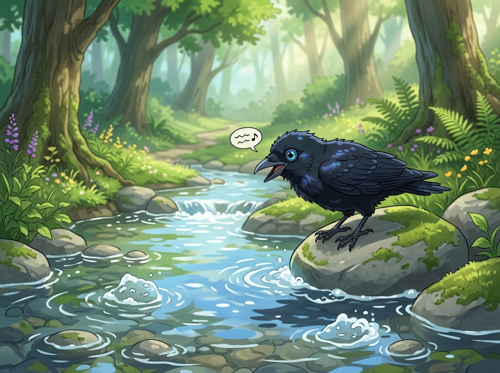 Black raven singing on a mossy rock beside a forest stream
