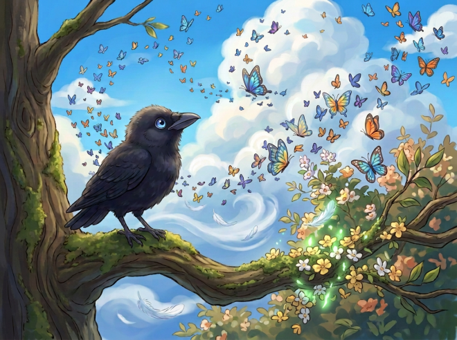 Black raven perched beside a glowing magical scroll and butterflies