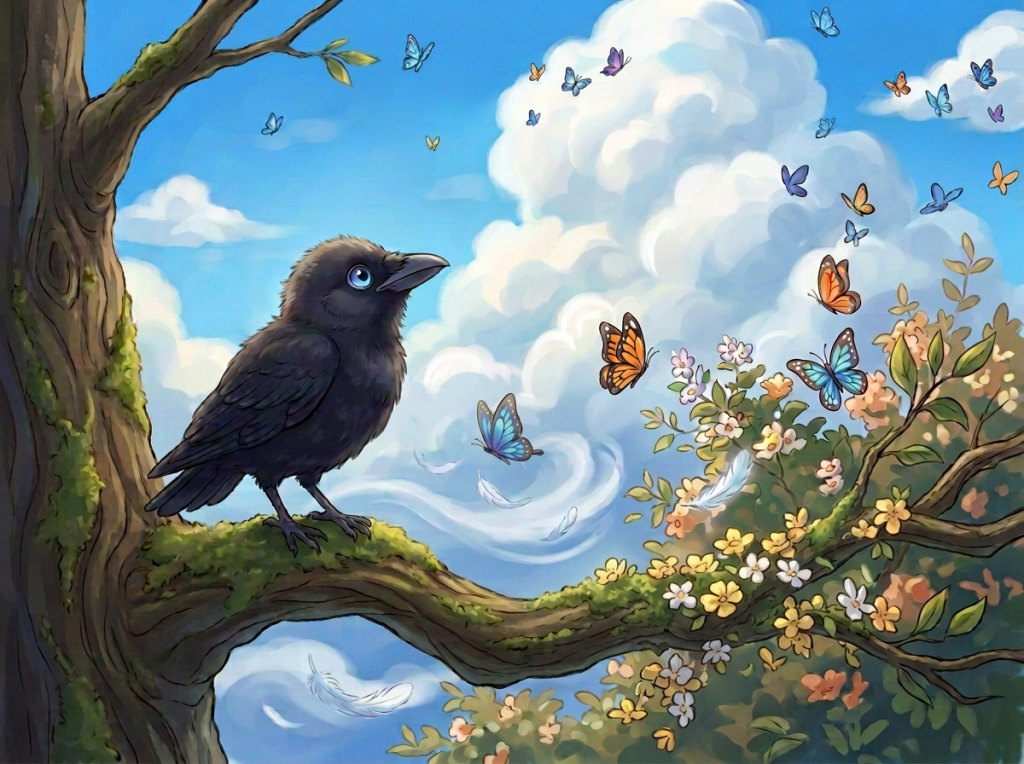 Black raven perched beside a glowing magical scroll and butterflies