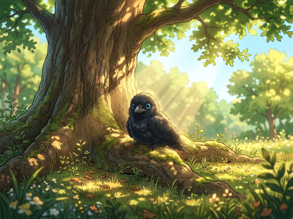 Young black crow perched on a mossy tree root in sunlit woodland