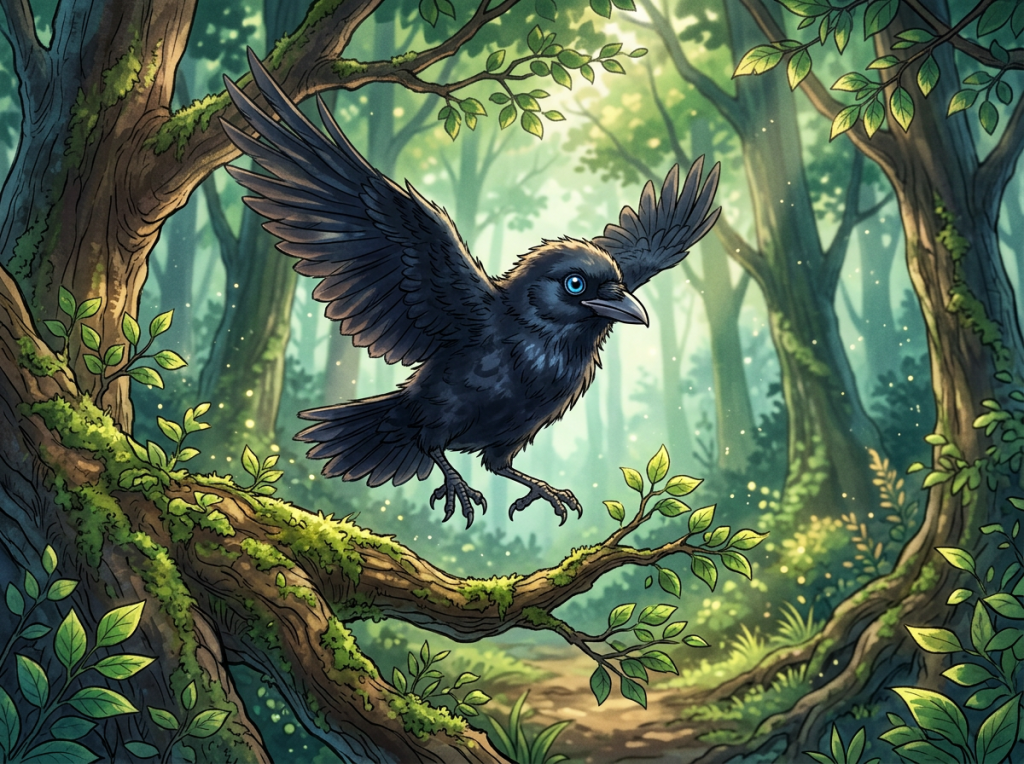 Dark-feathered crow flying between moss-covered branches in a sunlit forest