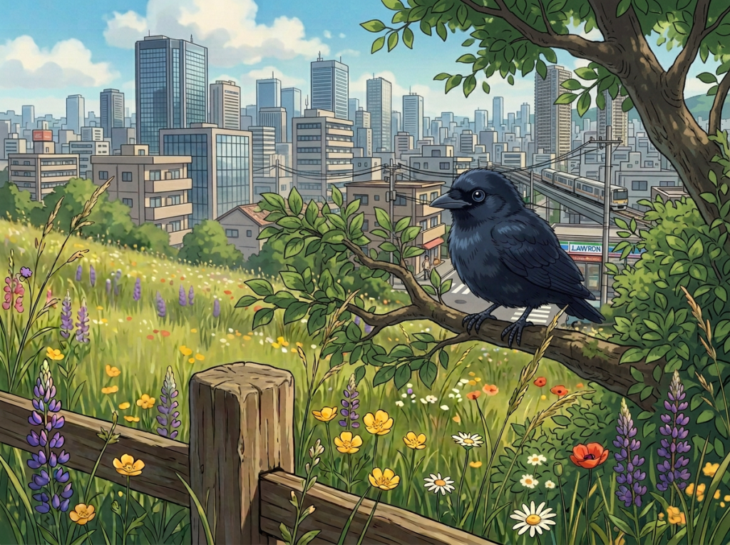 Black raven perched on a fence overlooking a colorful mountain village
