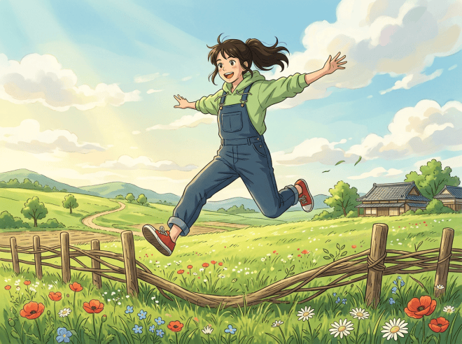 Girl in overalls leaping over a fence in a flower-filled countryside