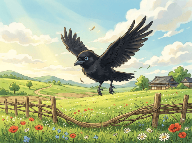 Blue-eyed baby raven flying over meadow