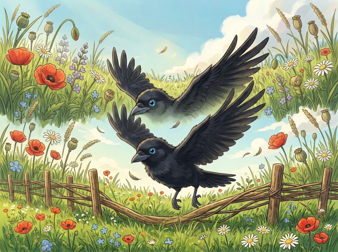 Low-flying raven above flowers and grass