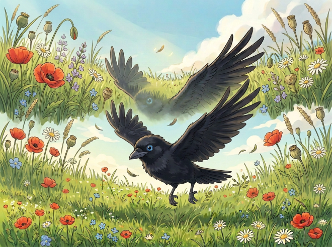 Single blue-eyed baby raven flying low