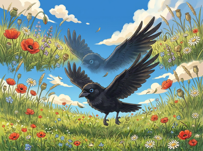 Girl in overalls leaping over a fence in a flower-filled countryside