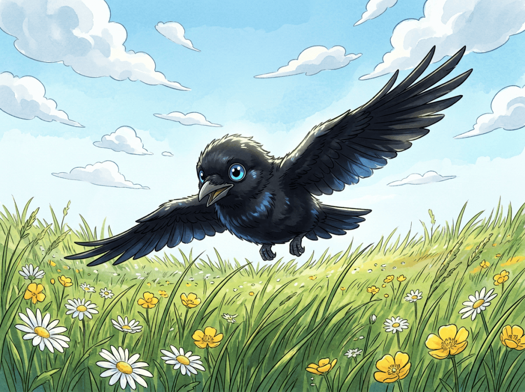 Black crow flying over a flower-filled meadow beneath a blue sky