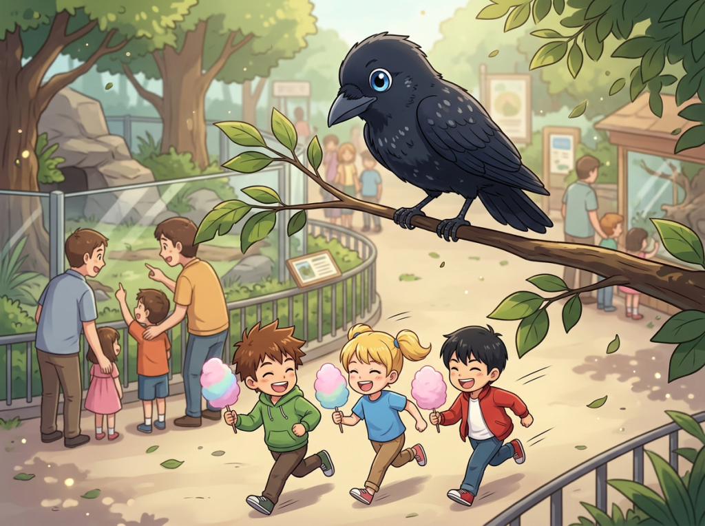 Three children run through a zoo holding cotton candy beneath a perched crow