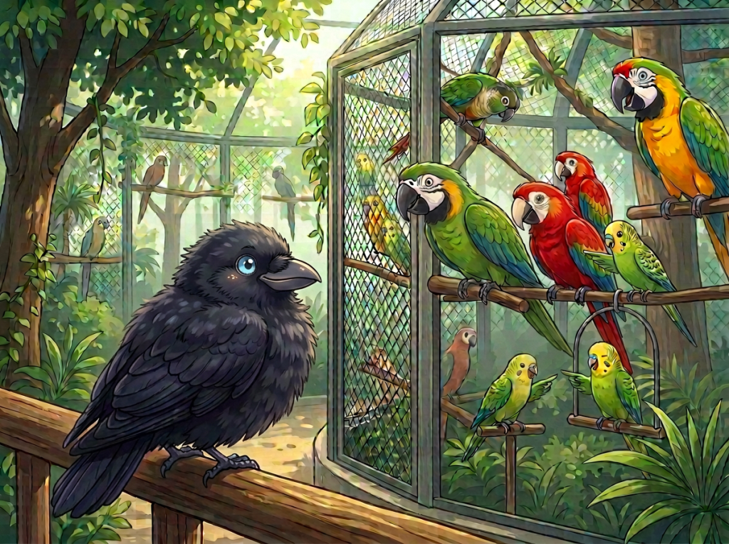 Black crow facing colorful parrots perched inside a tropical aviary