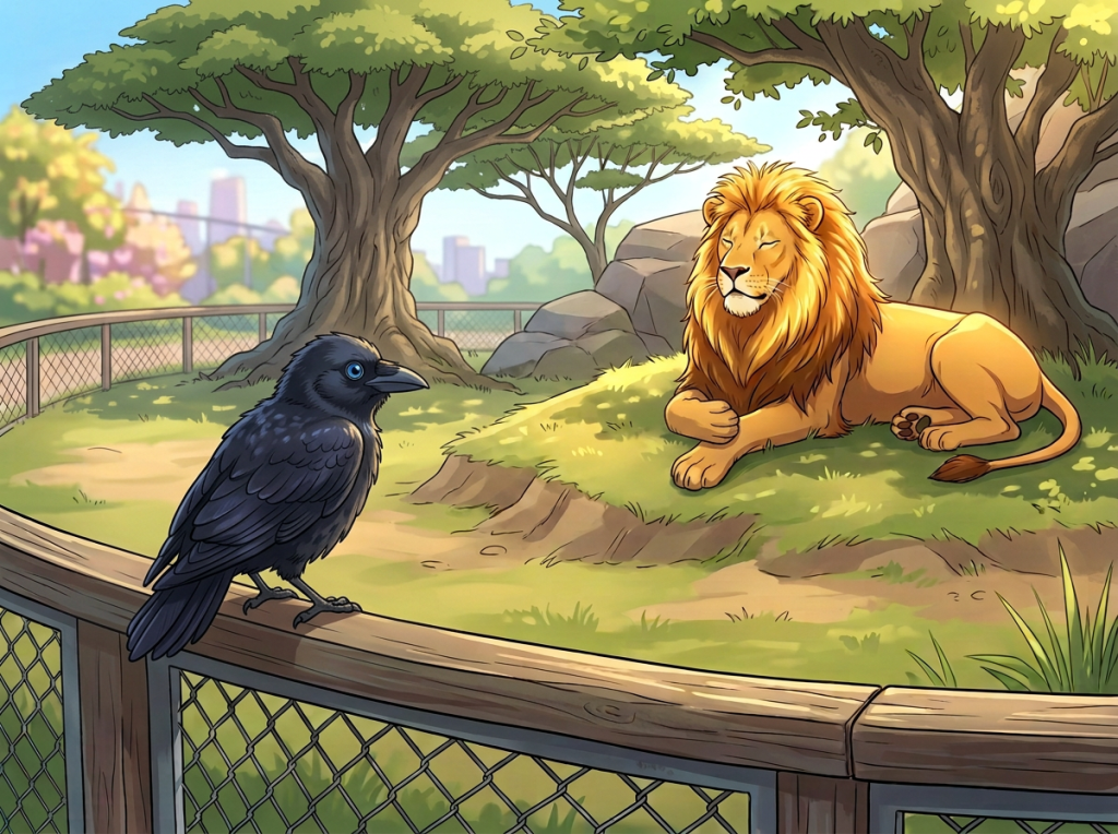 Raven perched on a railing facing a resting lion