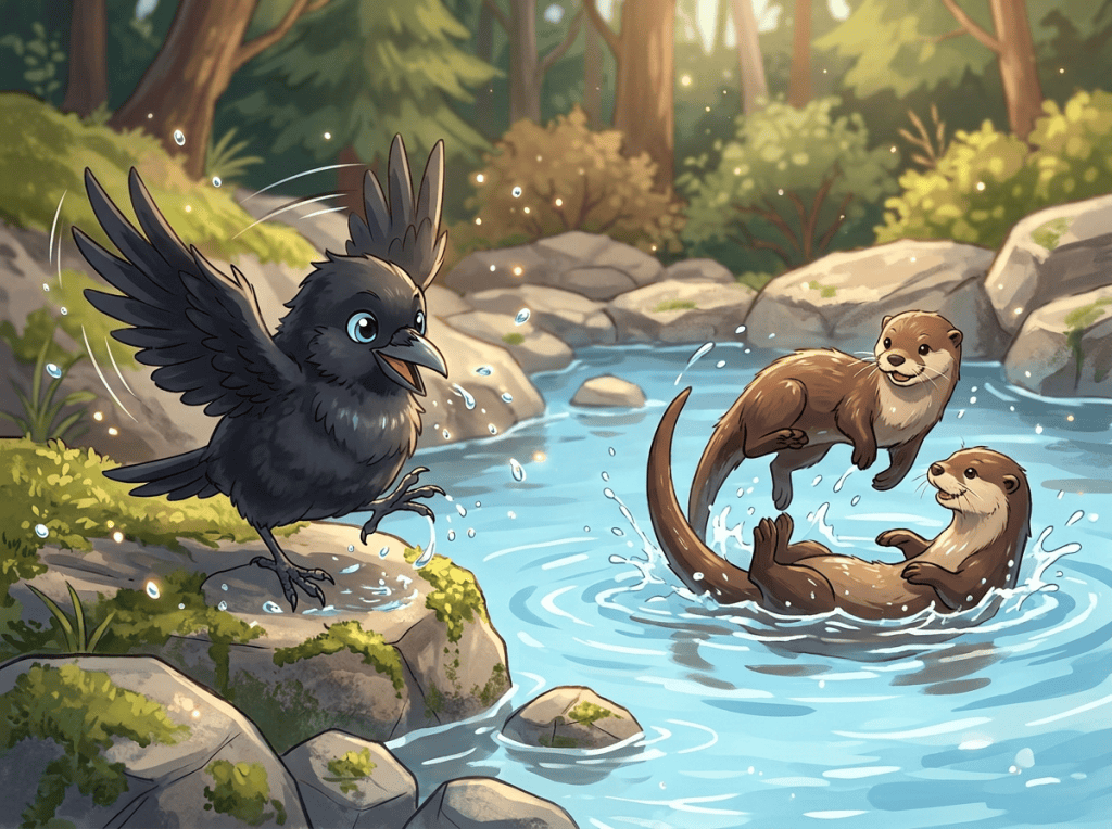Crow watching two playful otters splashing in a forest stream