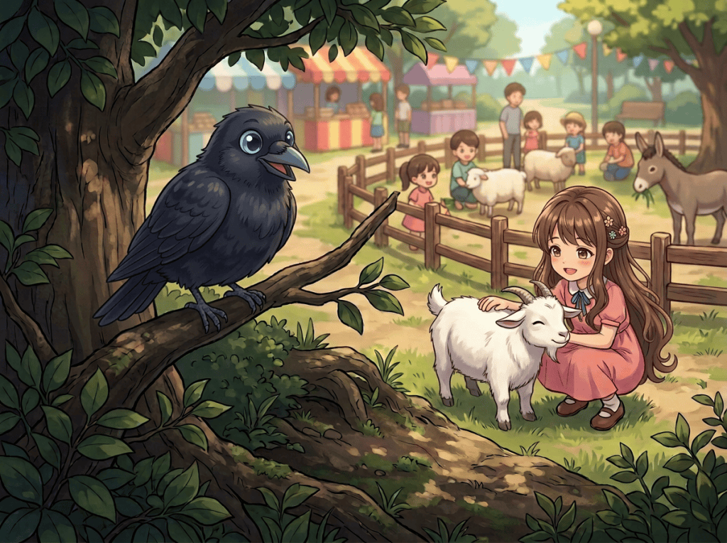 Girl petting a lamb as a crow watches near a farm festival