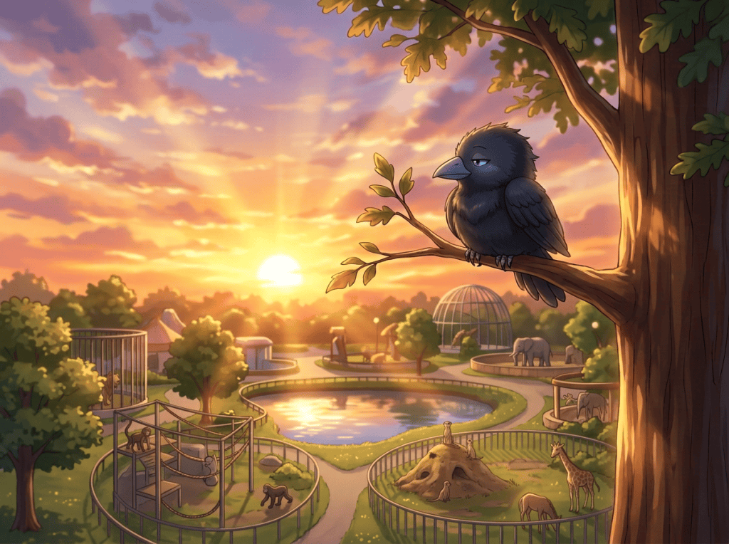 Crow perched on a tree branch above a wildlife park pond at sunset