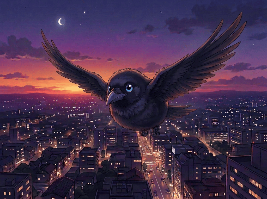 Raven flying above a city at sunset beneath a crescent moon