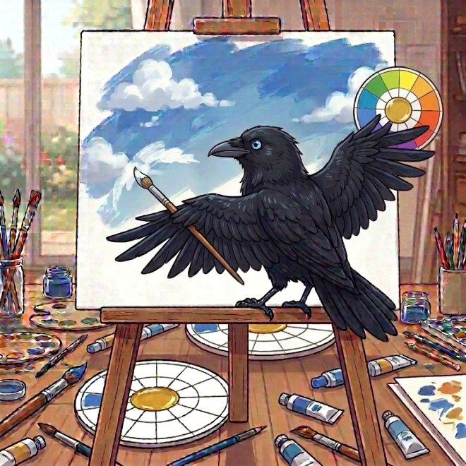 Blue-eyed crow pouring blue paint onto a palette labeled 青
