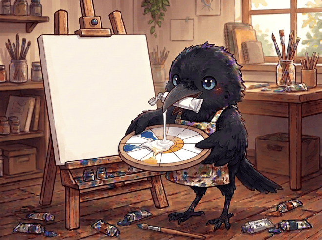 Crow artist pouring blue paint onto a color wheel beside an easel