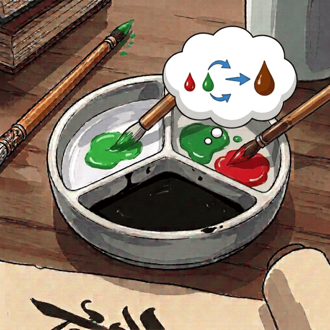 Palette showing red and green paints mixing into brown