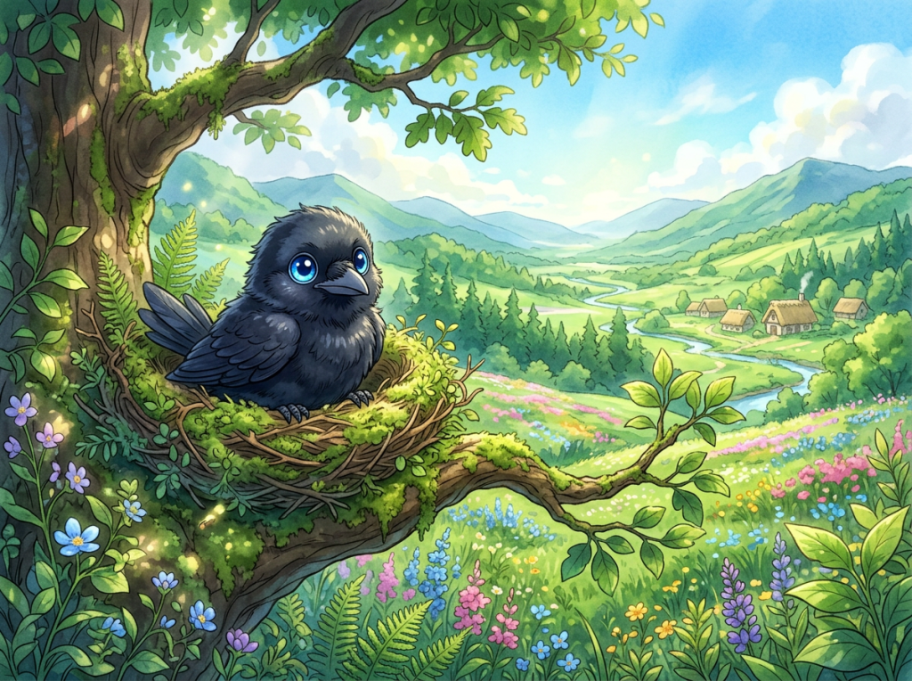 A small black bird with big blue eyes sitting in a nest on a tree branch, surrounded by lush greenery and colorful flowers, with a scenic landscape of hills and cottages in the background.