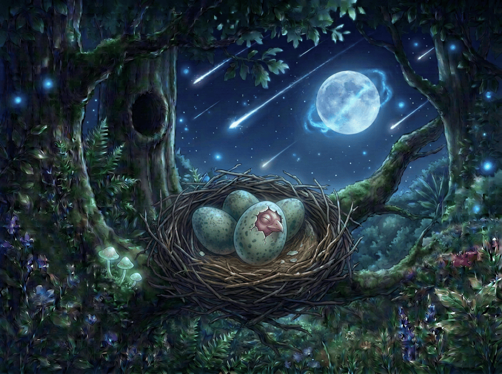 Cracked egg hatching among three eggs in a forest nest beneath a full moon