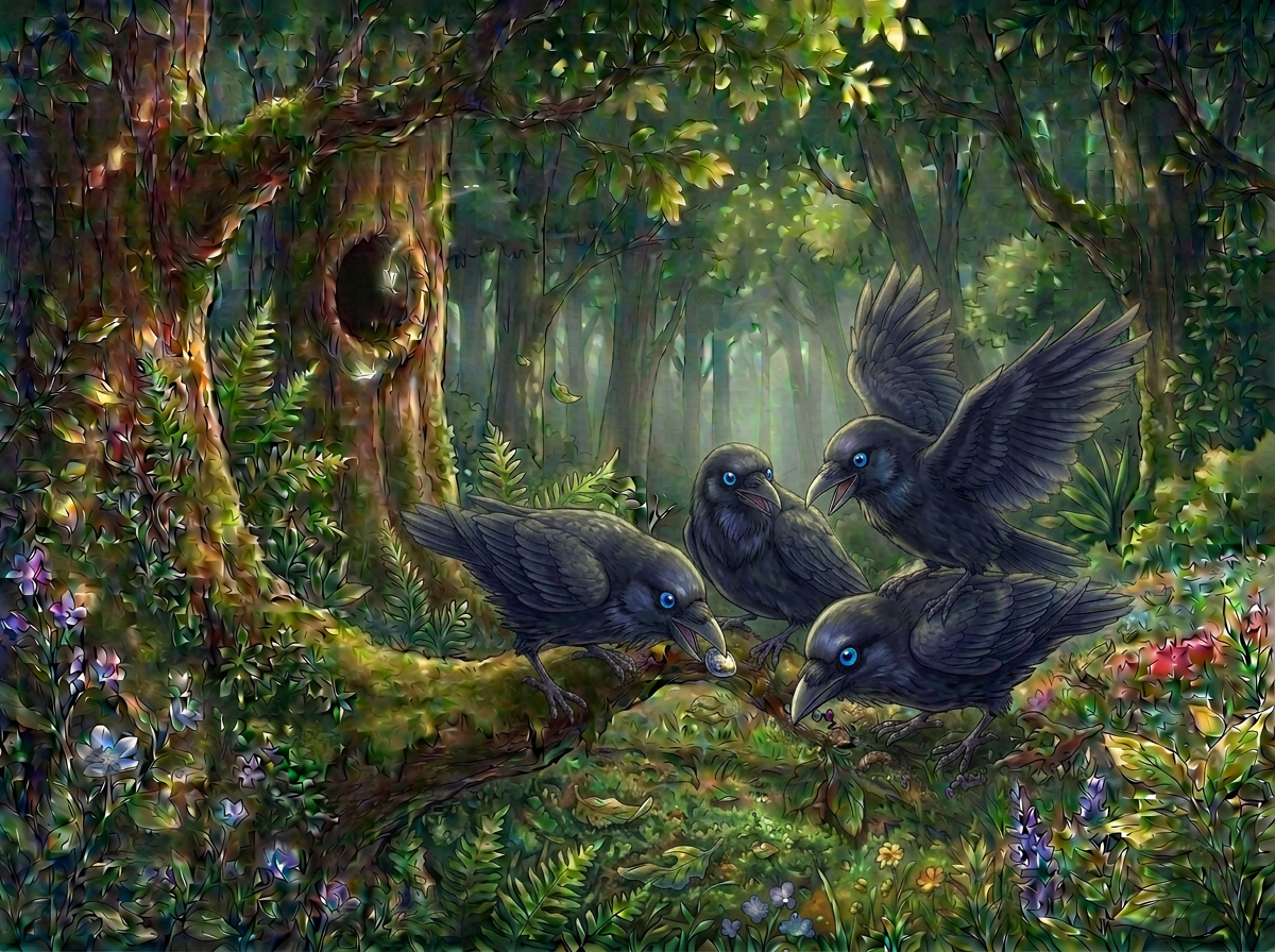 akirill-learn-apprenez-translation-traduction-livres-bilingues-bilingual-books-6abbb46a75231 A vibrant forest scene featuring four black birds with blue eyes interacting on a moss-covered log, surrounded by lush greenery, ferns, and colorful flowers, with a tree trunk displaying a hollow.